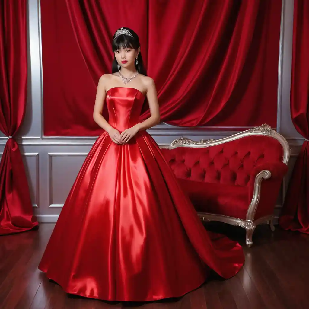 Elegant woman in scarlet satin ballgown in luxurious room