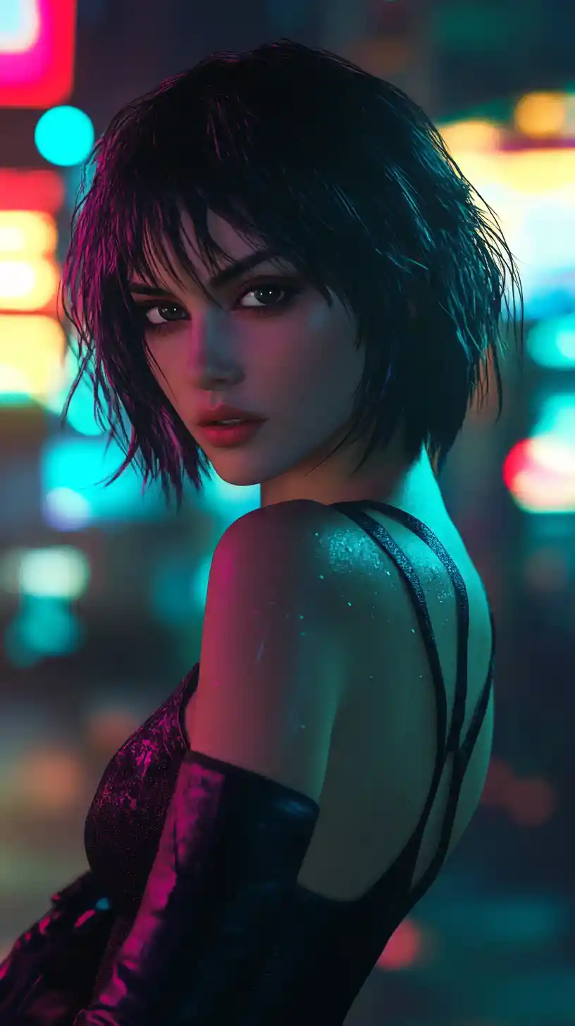 Intense anime girl portrait in a neon lit city