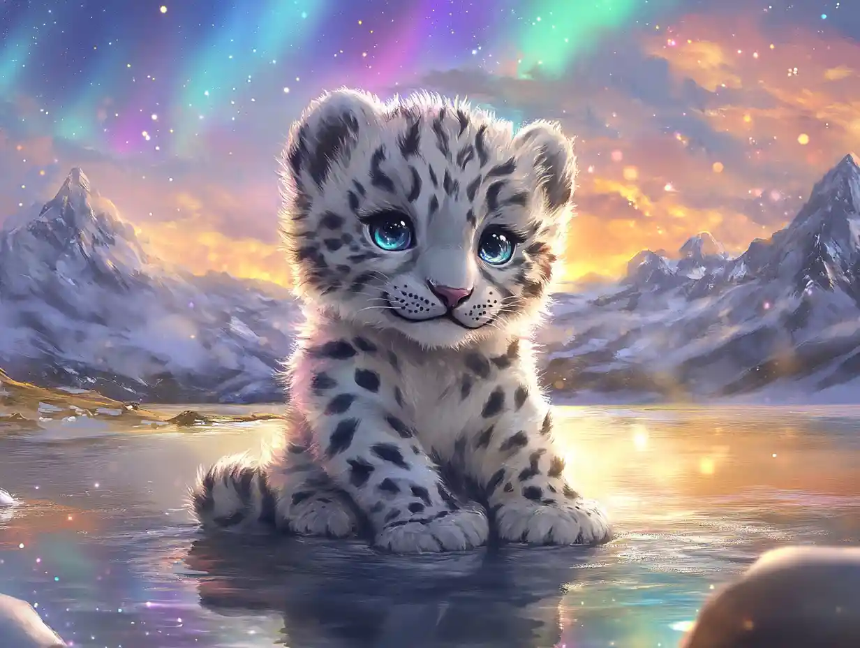 Adorable snow leopard cub in a glowing sunset pool