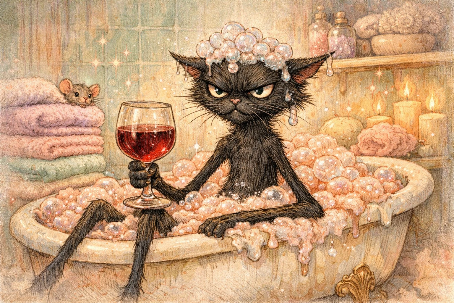 Lanky black cat in a bubble filled clawfoot bathtub