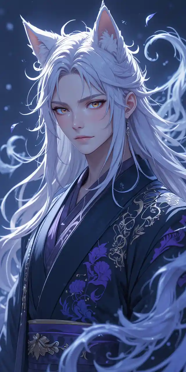 Elegant fox eared fantasy man in dark modern kimono