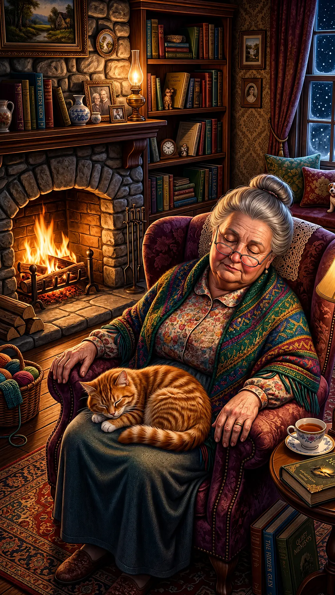 Grandmother Sleeping With Cat In Cozy Fireside Armchair