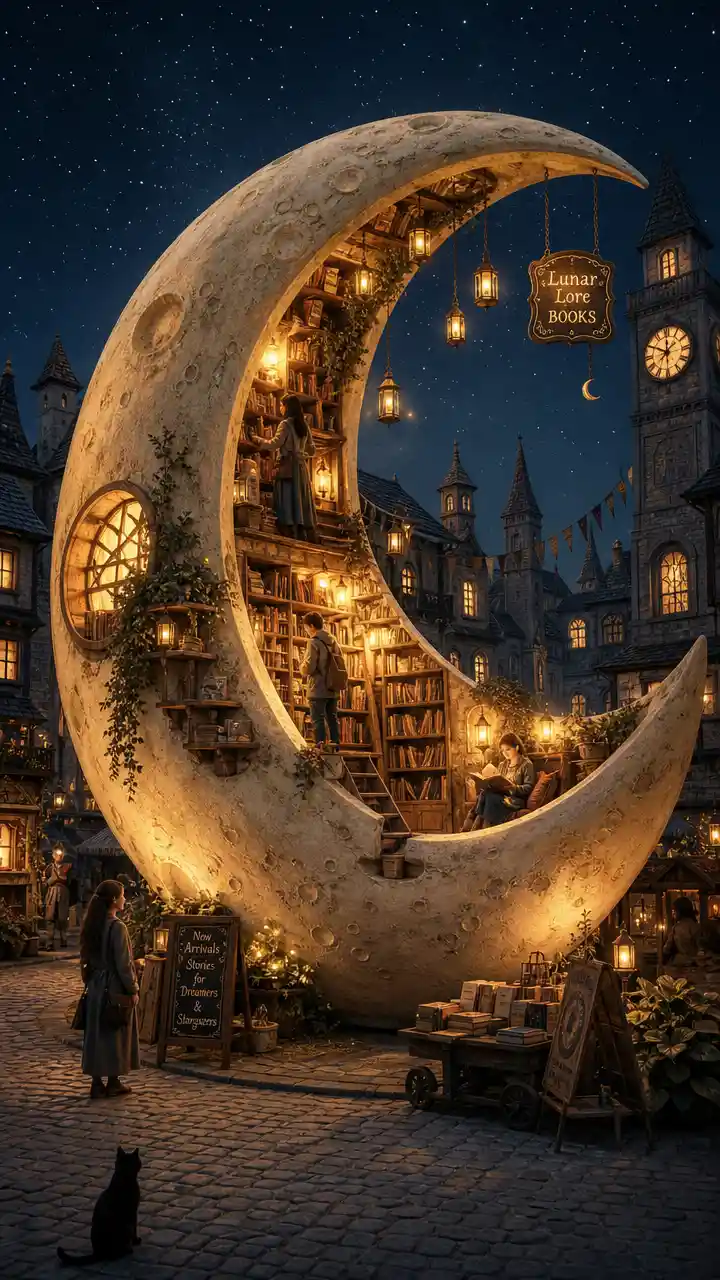 Whimsical Moon Bookstore In A Cozy Fantasy Village Square
