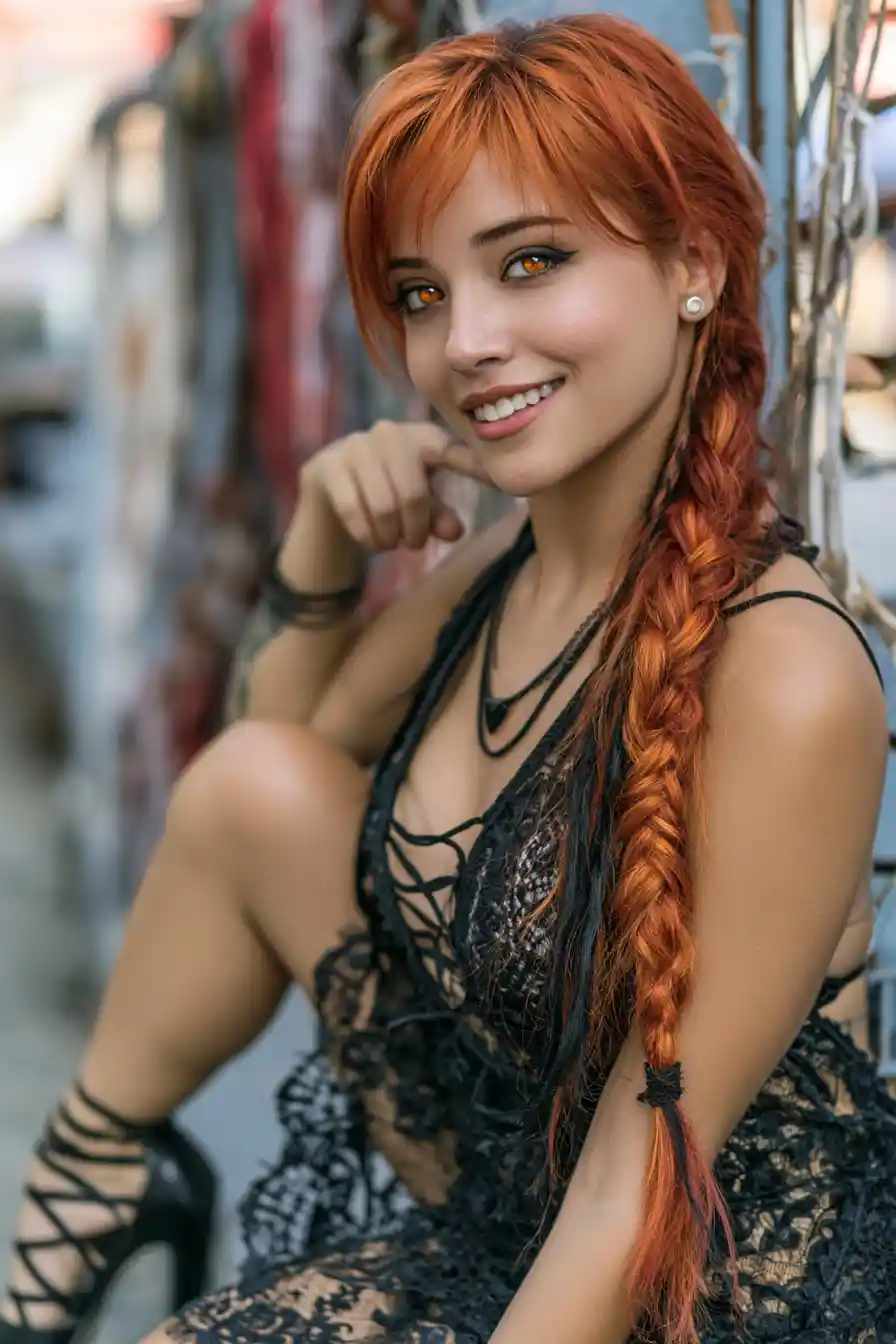 Emo gothic girl in lace dress pointing with playful attitude