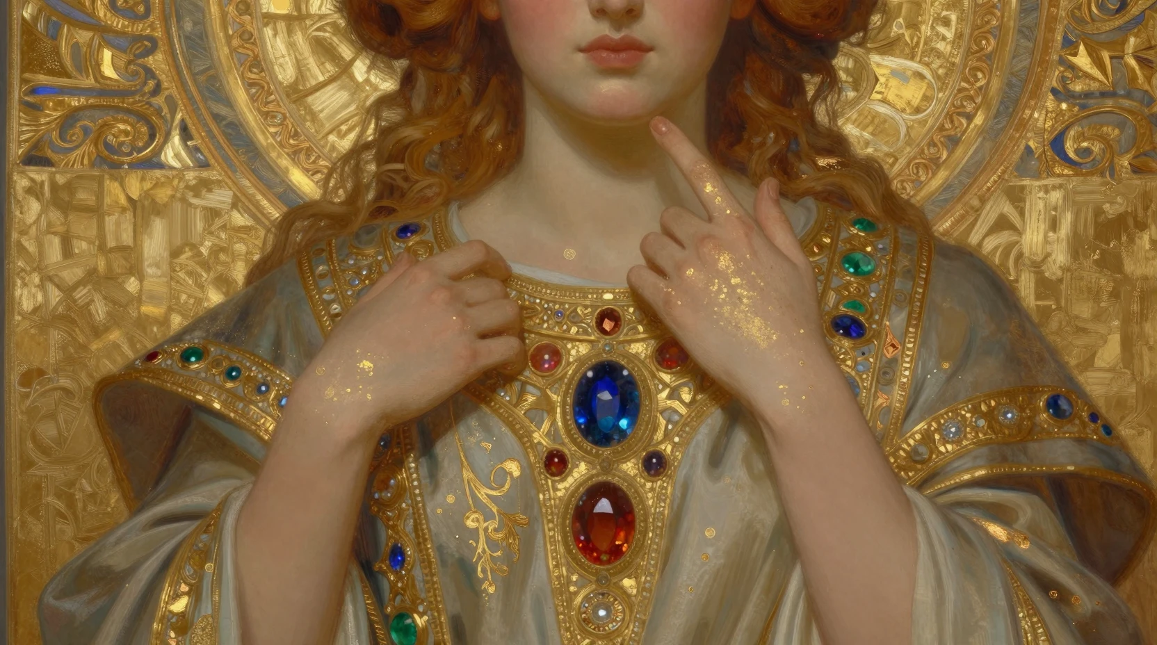 Majestic figure merging with ornate golden tapestry portrait