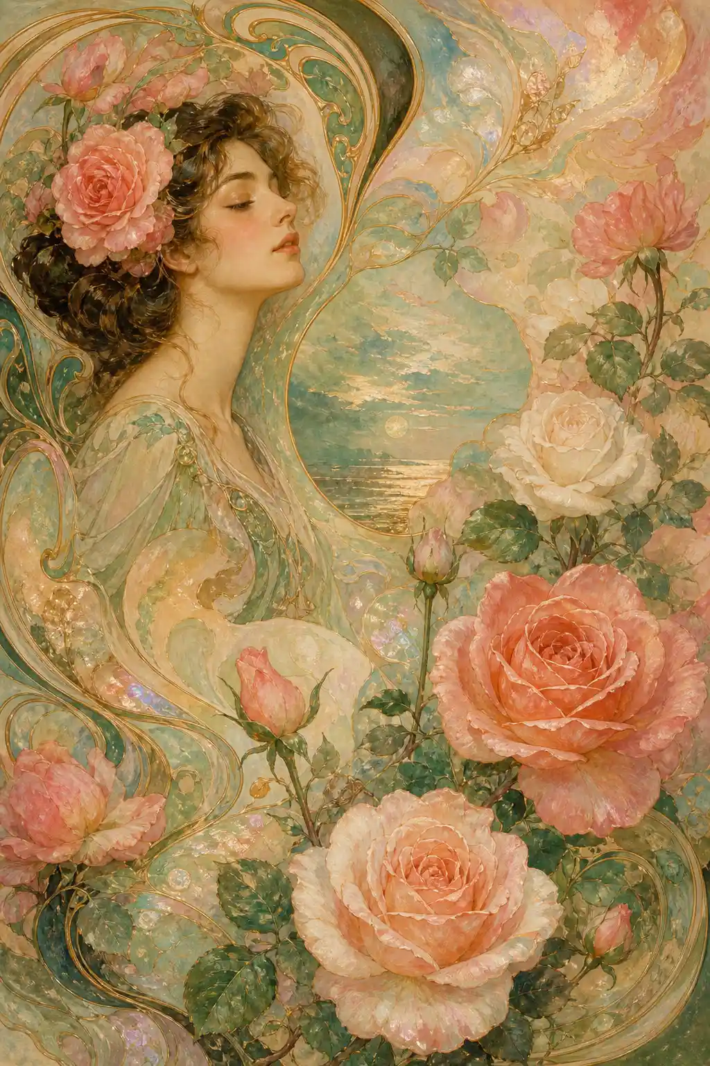Fine art mood board of roses with glowing accents