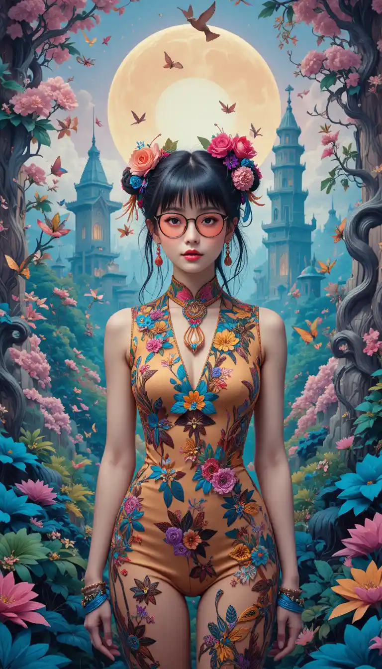 Stylish woman in glasses within a surreal dreamscape
