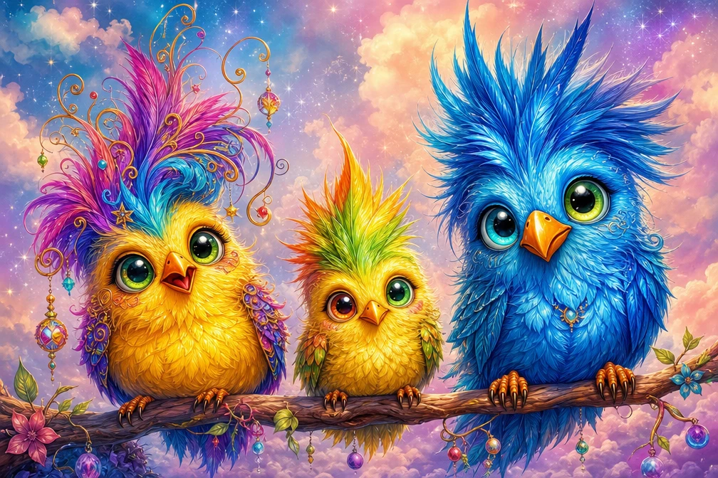 Whimsical trio of fluffy fantasy birds on a branch