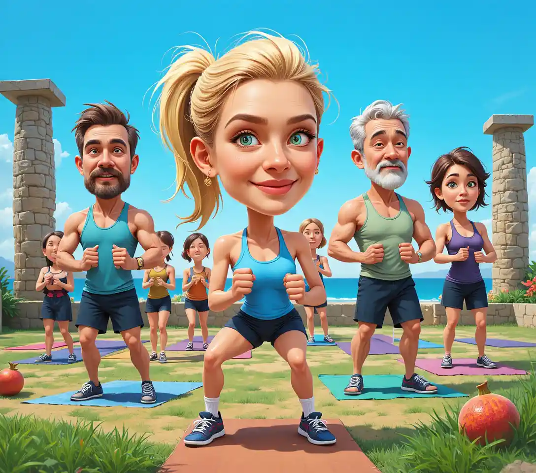 Outdoor cartoon fitness class by the ocean in summer