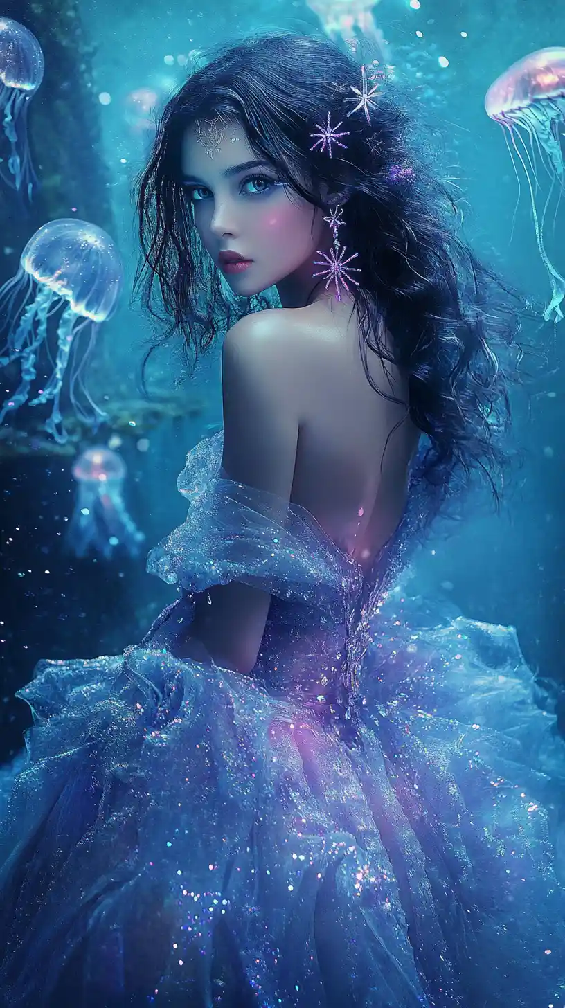 Ethereal girl in glowing gown among underwater ruins