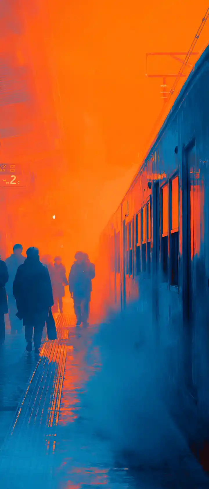 Anime commuters silhouetted on an infrared glowing train platform