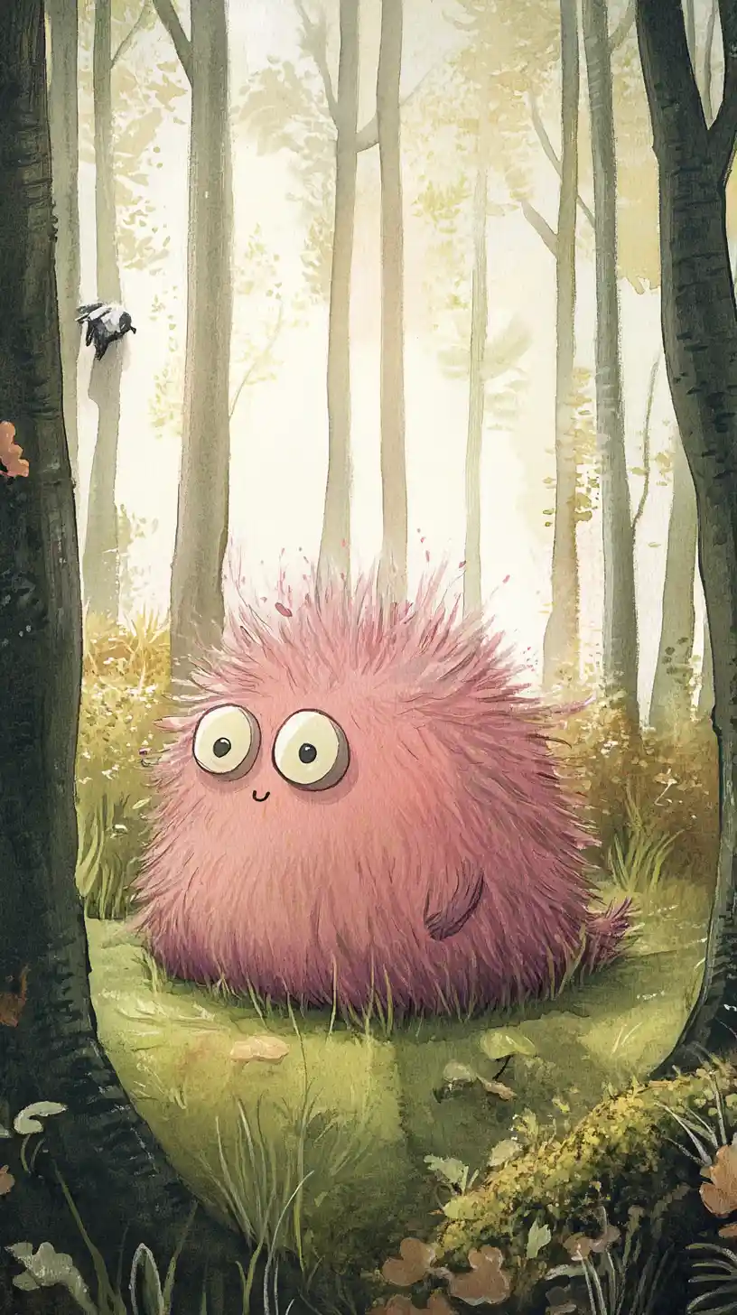 Fluffy beetroot monster and hedgehog in sunny forest clearing