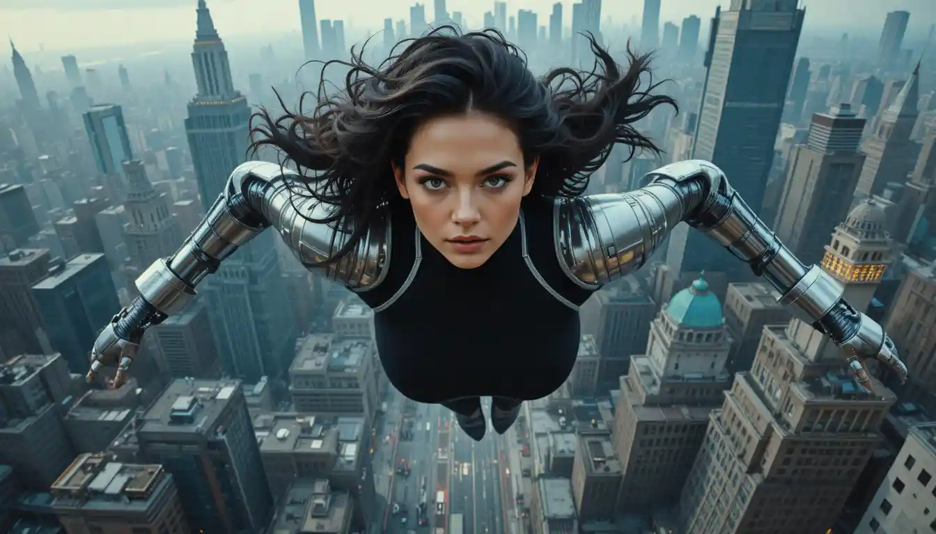 Futuristic heroine flying above a tense sci fi cityscape
