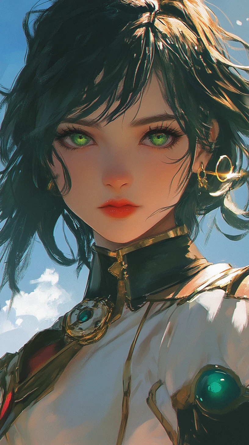 Anime aviator woman with emerald eyes in windy close up portrait