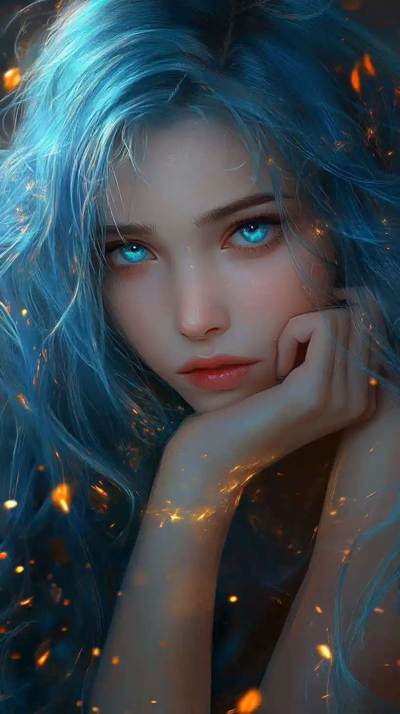 Mystical blue haired girl portrait with glowing embers