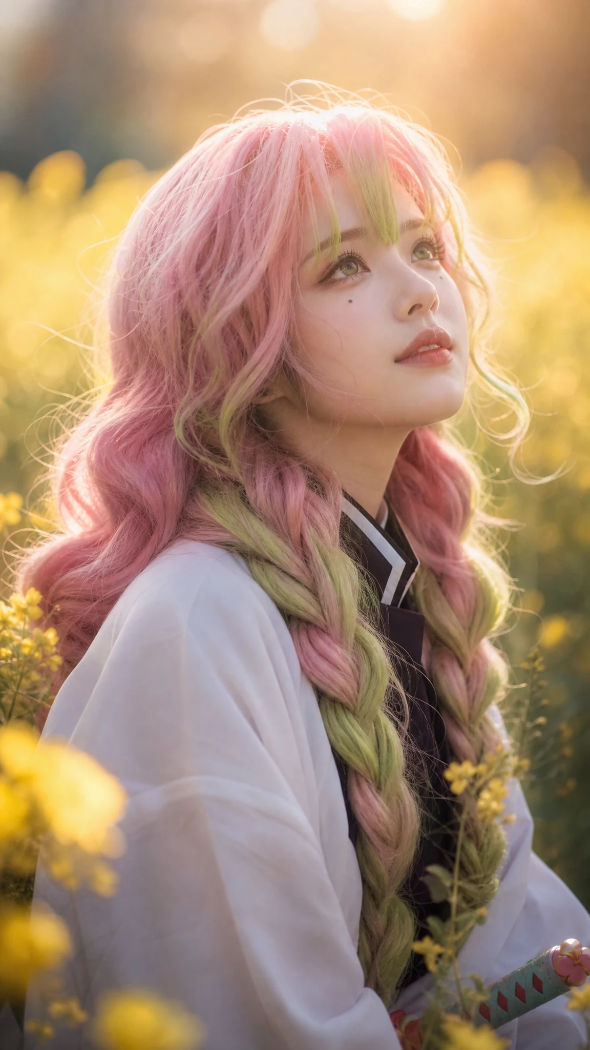 Serene girl portrait in a yellow flower field at sunset