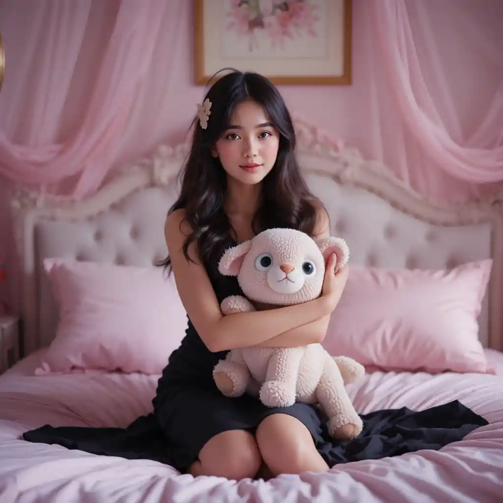 French girl in a midi dress hugging a soft toy on bed
