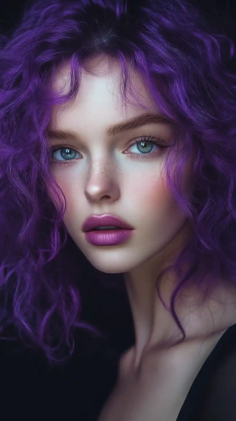 Purple haired girl portrait with luminous blue eyes