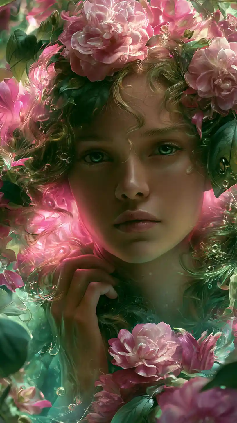 Melancholic flower fairy portrait in glowing moonlit colors
