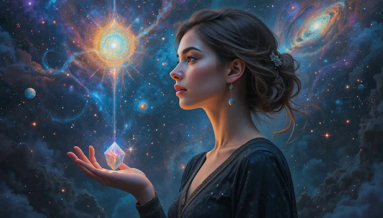 Young woman in space clutching a glowing crystal pendant