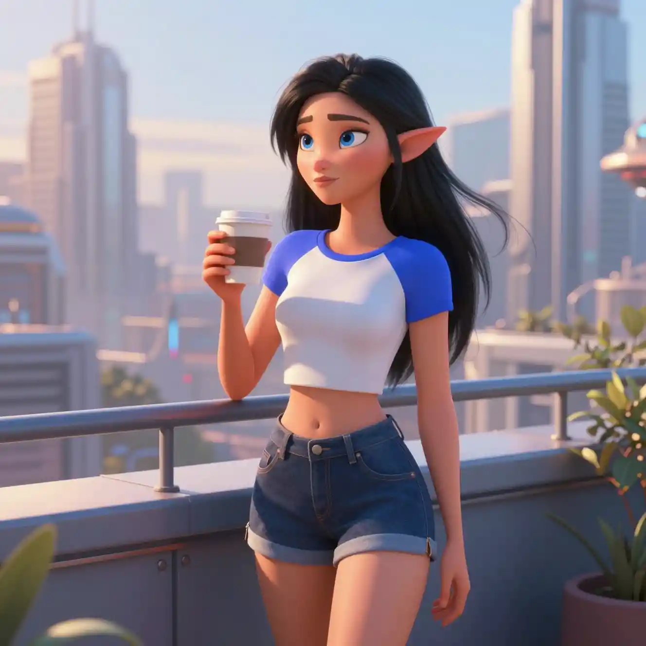 Elf woman on rooftop terrace at sunrise with coffee