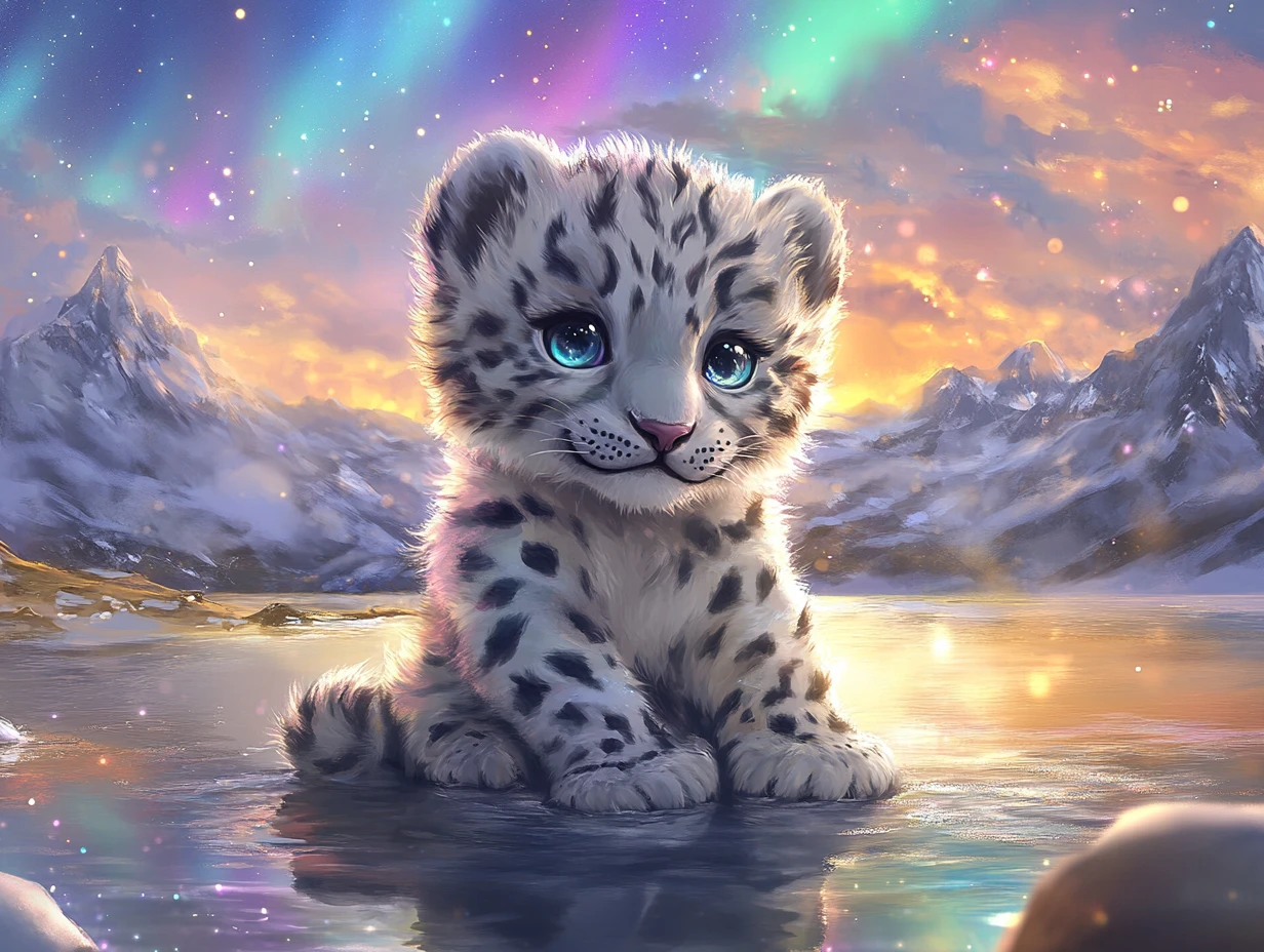 Adorable snow leopard cub in a glowing sunset pool