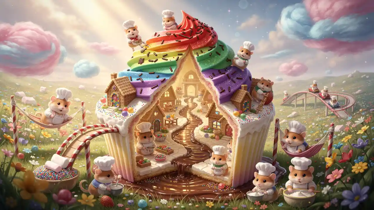 Gigantic cupcake hamster village in a sunny candy meadow