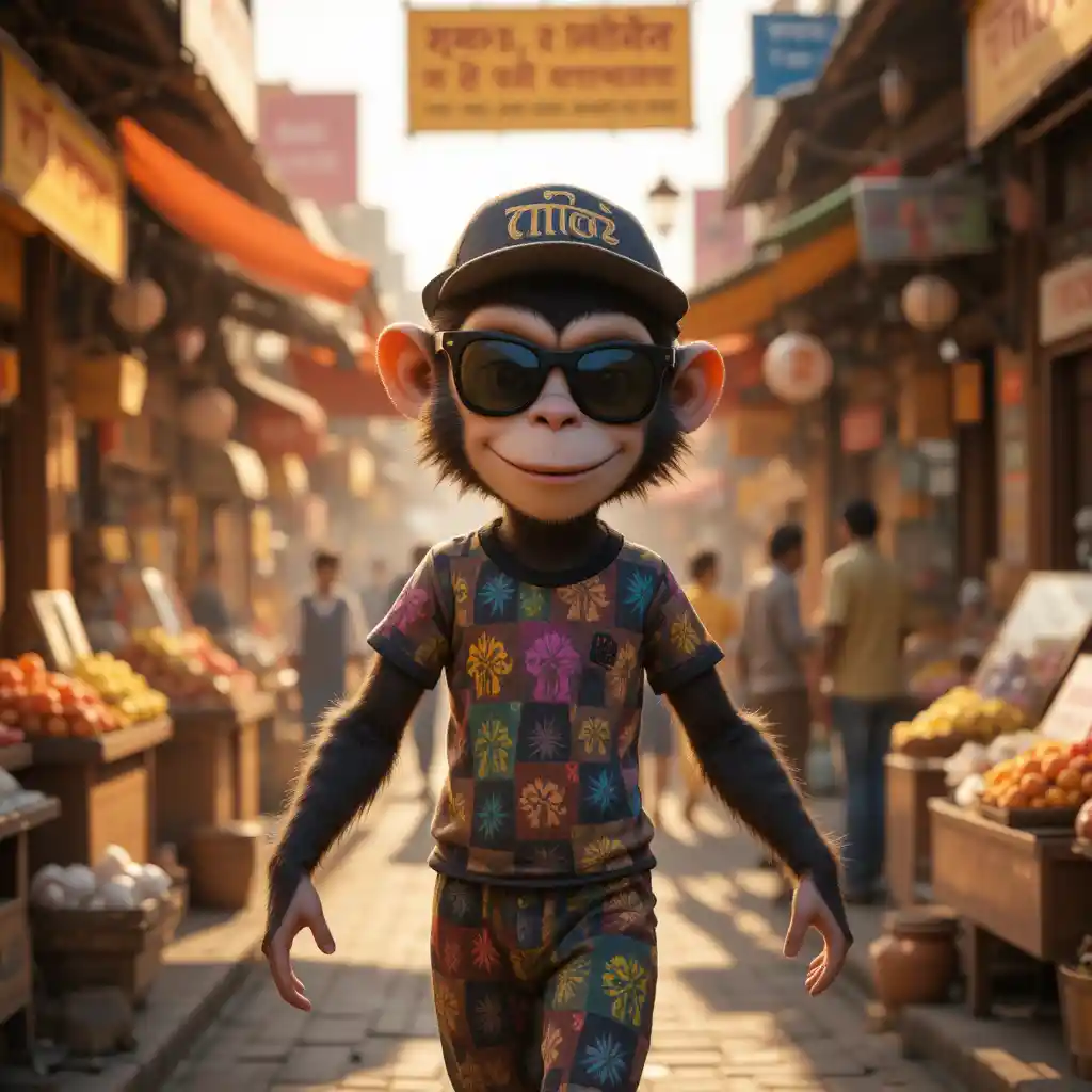 Stylish monkey strutting through a busy Indian street market