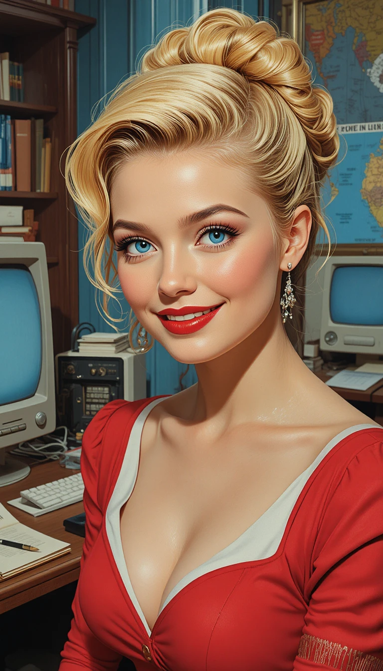 Smiling blonde woman in red dress in retro office