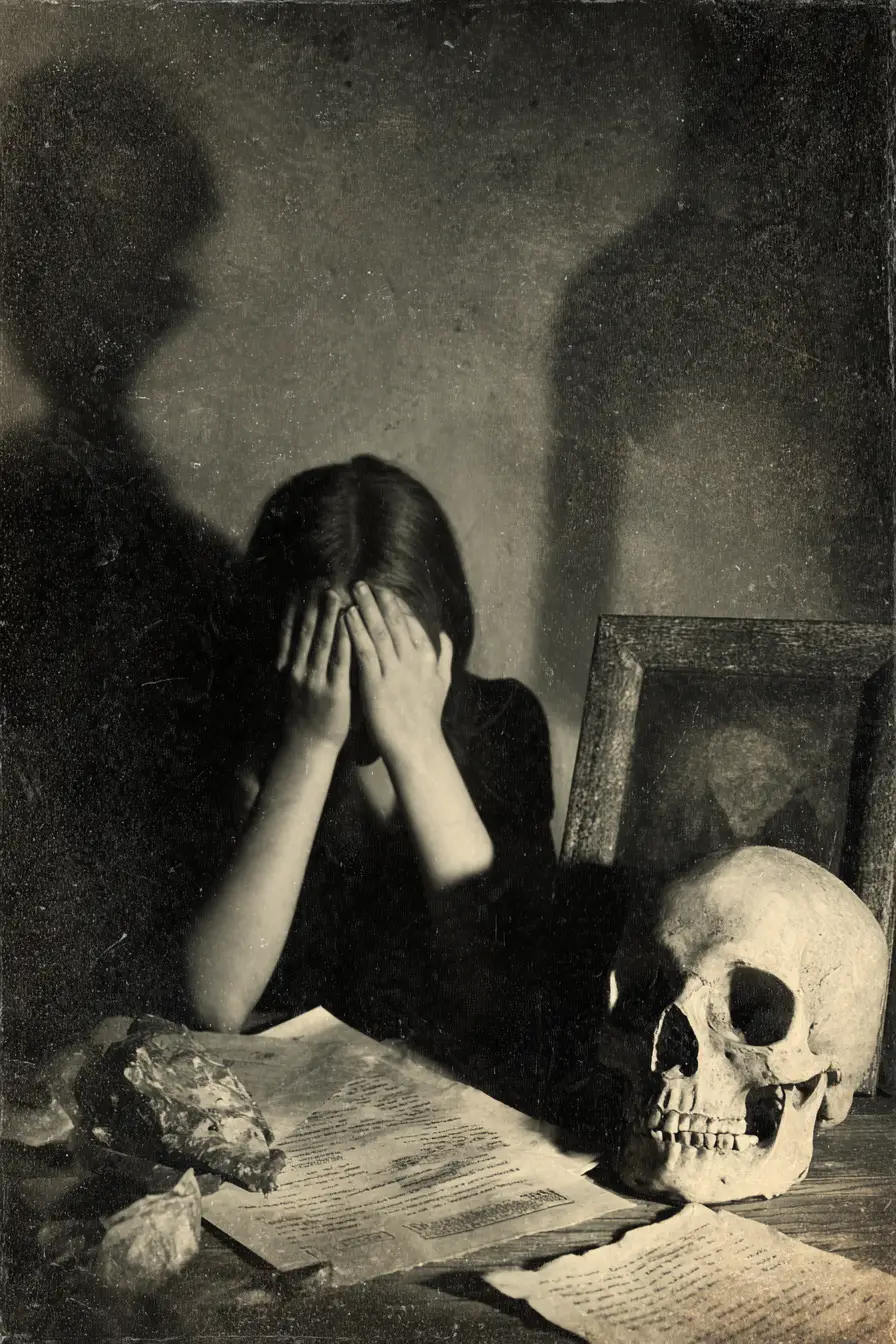 Young girl covering her face in dramatic monochrome shadows