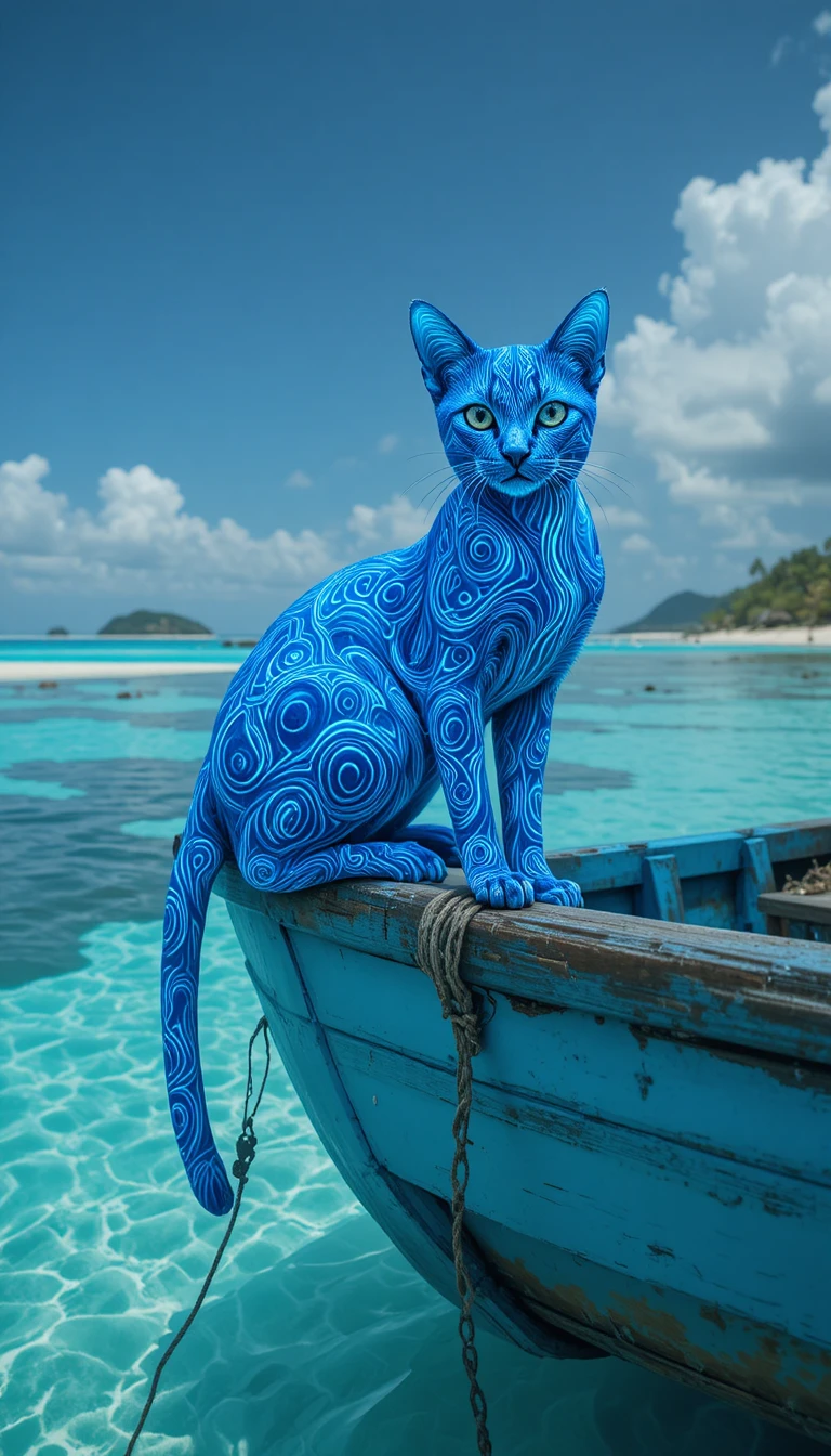 Surreal blue striped cat on turquoise boat above ocean