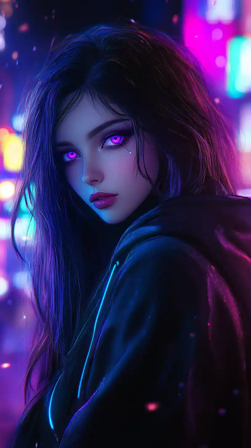 Anime girl in neon hoodie in glowing cyberpunk city