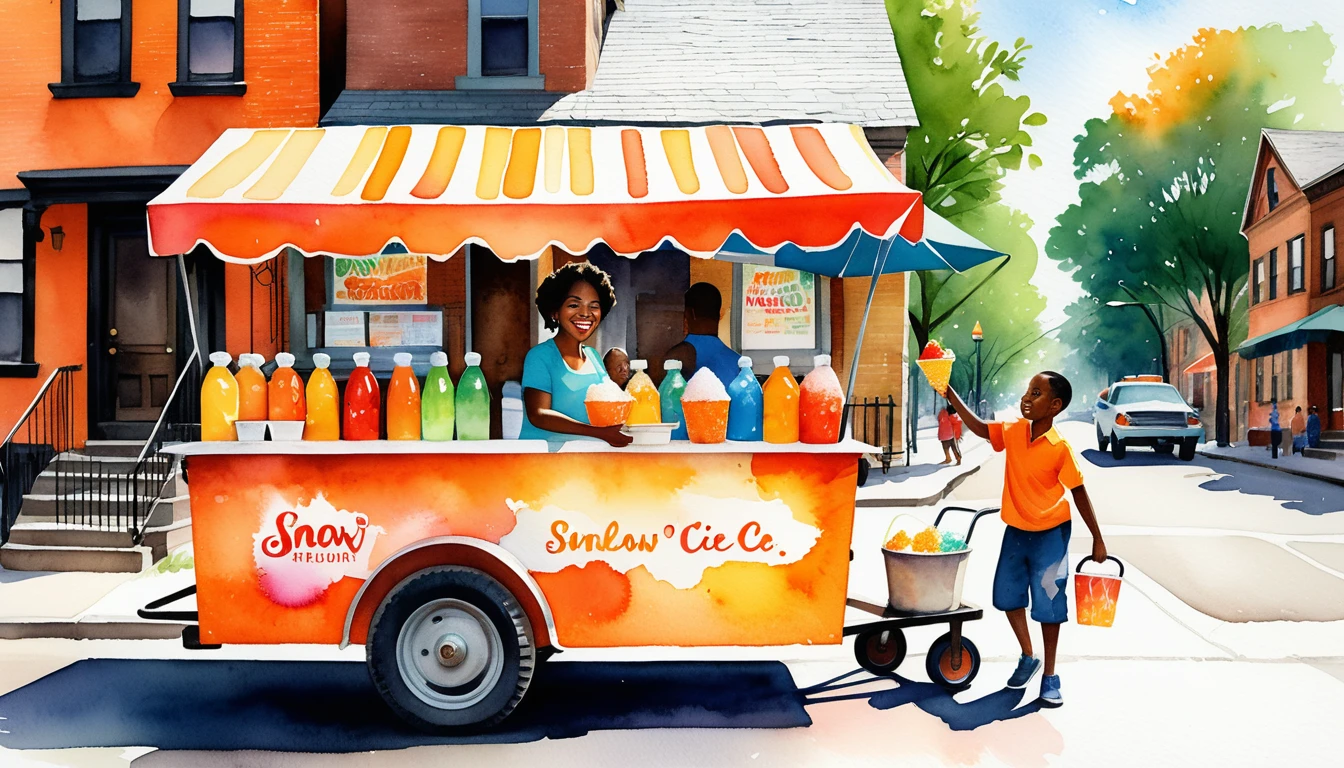 Black snow cone vendor serving families on a sunny street