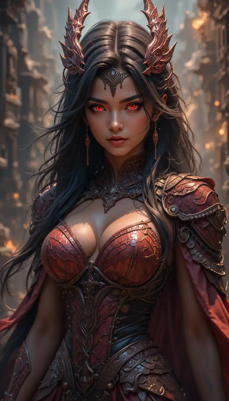 Muscular dragon horned anime woman in dark draconic armor