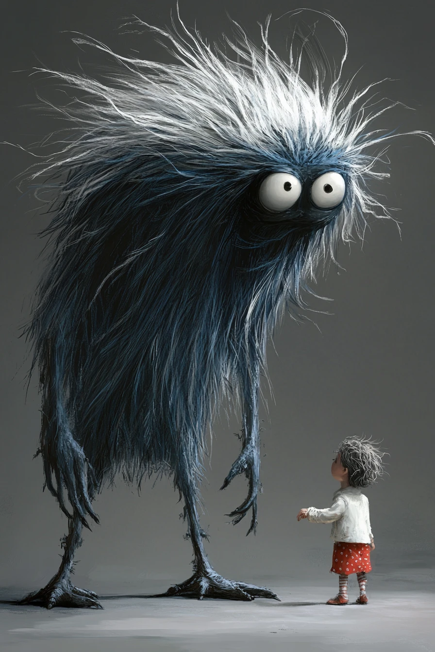 Small child facing towering surreal monster in gray space