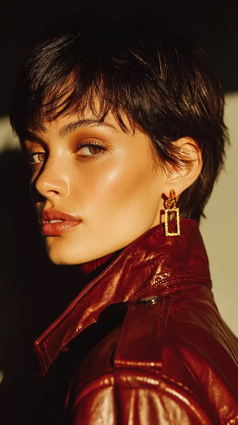 Close up woman in maroon leather jacket facing right