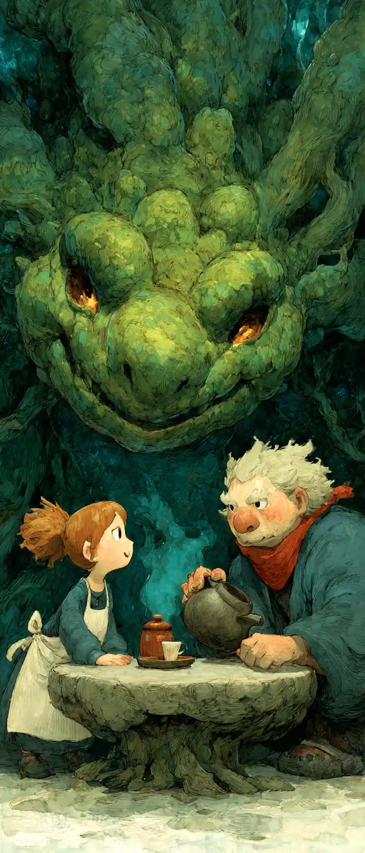 Girl Sharing Tea With A Tiny Dragon Inside A Tree