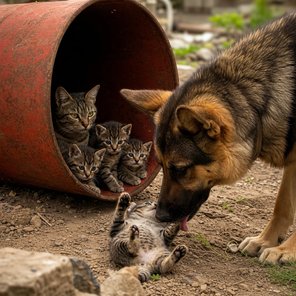Mother cat sheltering kittens inside an old red drum