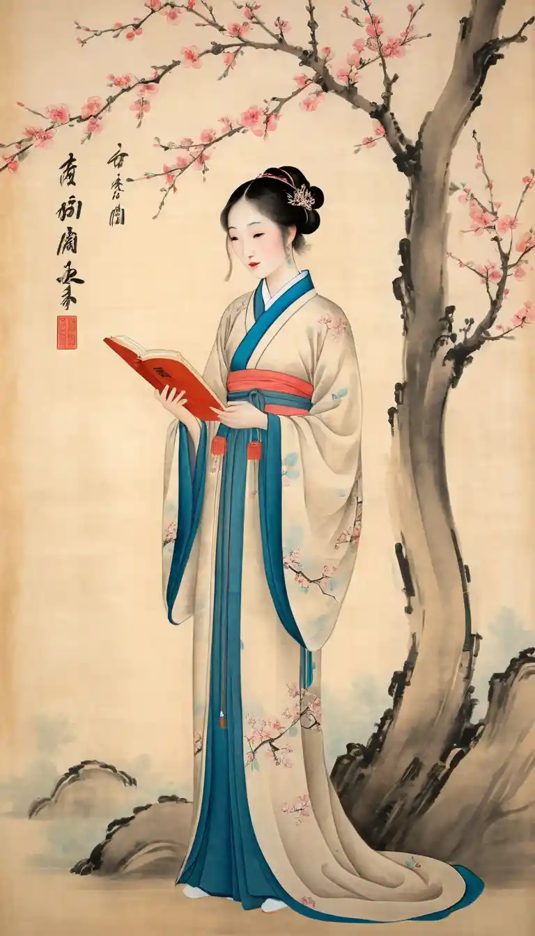 Song era woman with scroll under peach blossom tree