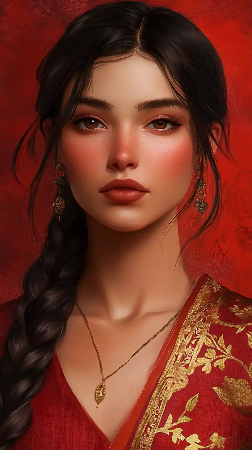 Calm girl in red embroidered robe on vivid red background