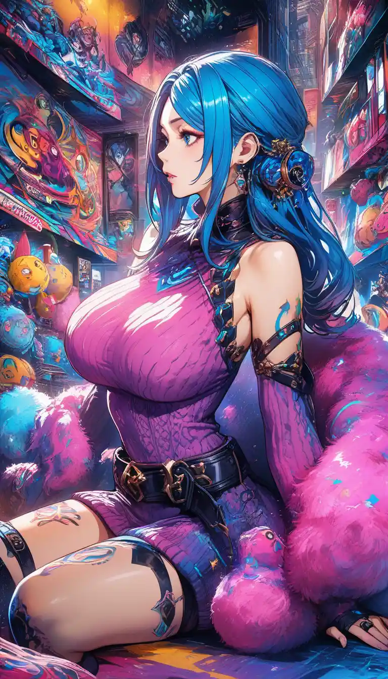 Blue haired woman figurine with sweater and garter belt