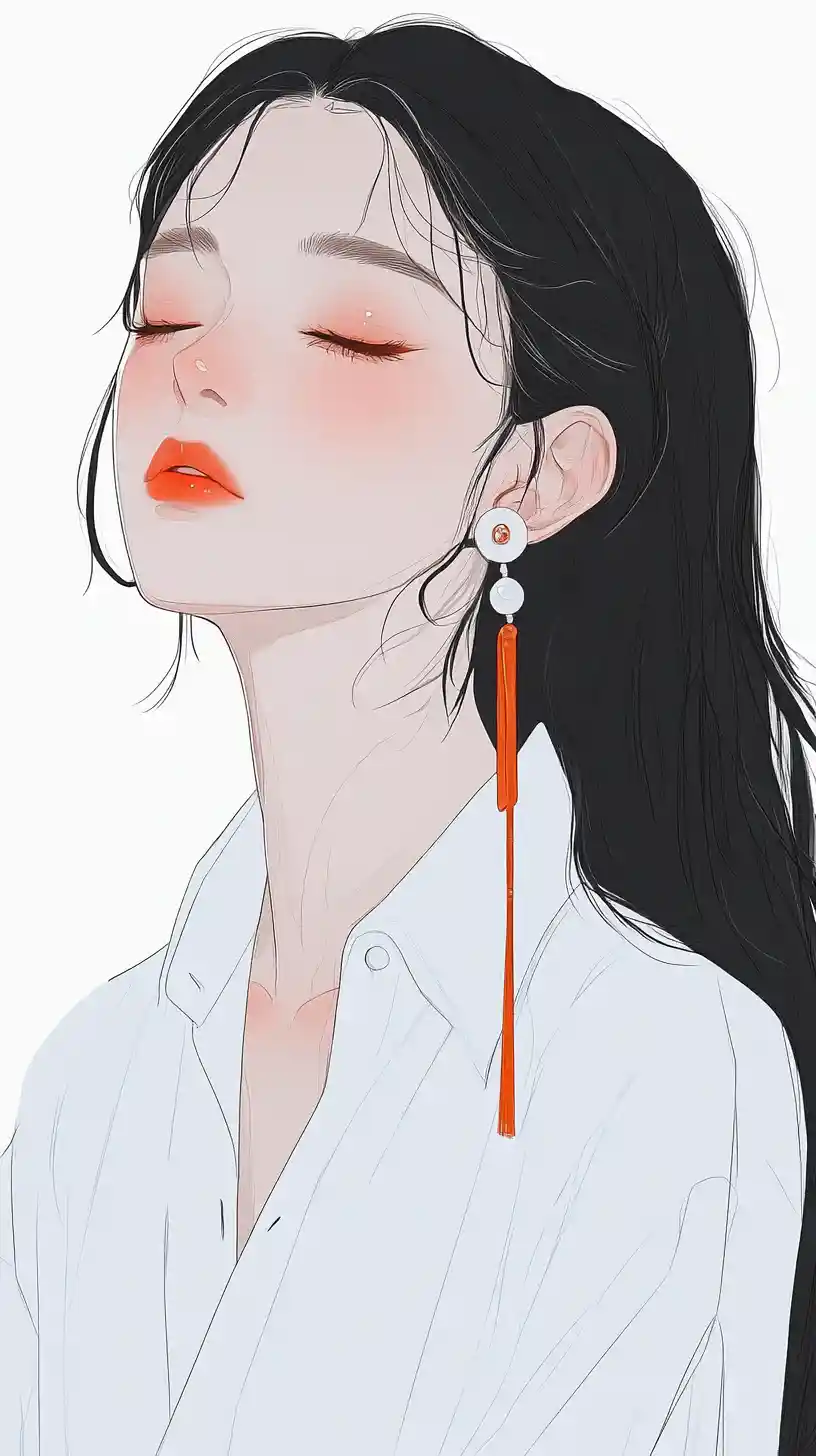 Serene Asian girl portrait with closed eyes and orange earring