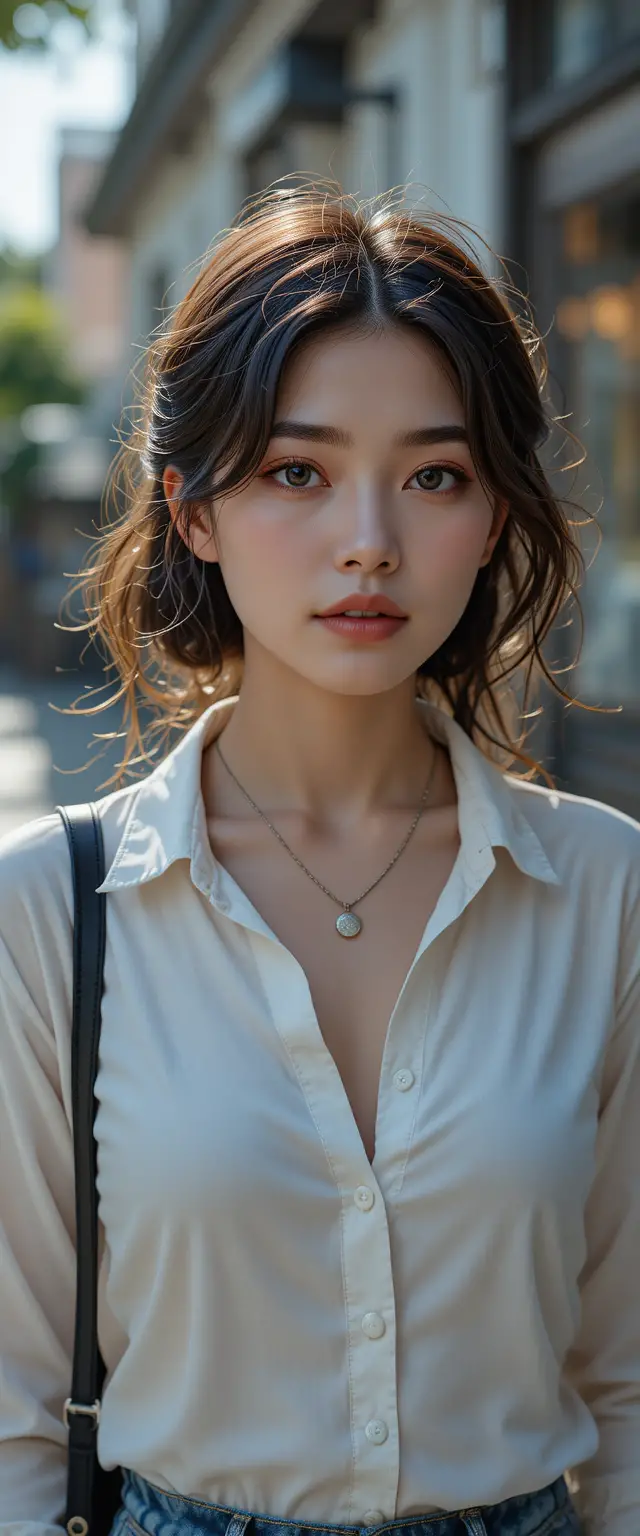 Cinematic portrait of a stylish young woman outdoors