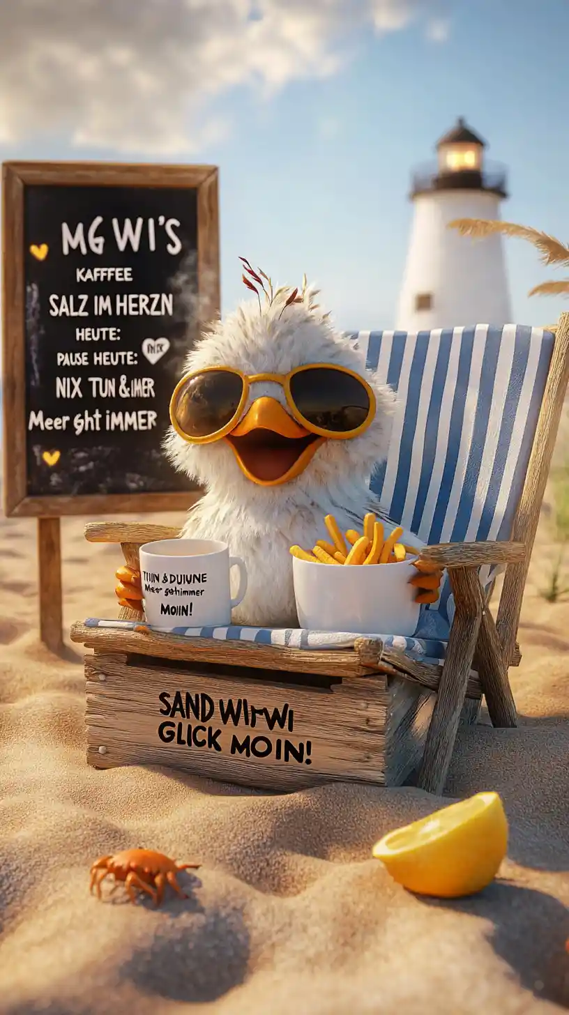 Cheerful Cartoon Seagull Relaxing In A Beach Chair