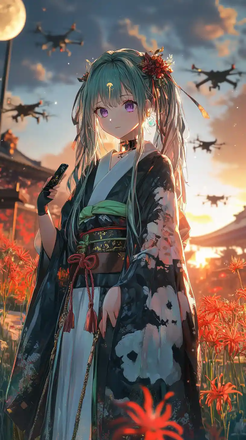 Girl with katana on market rooftop under armed drones