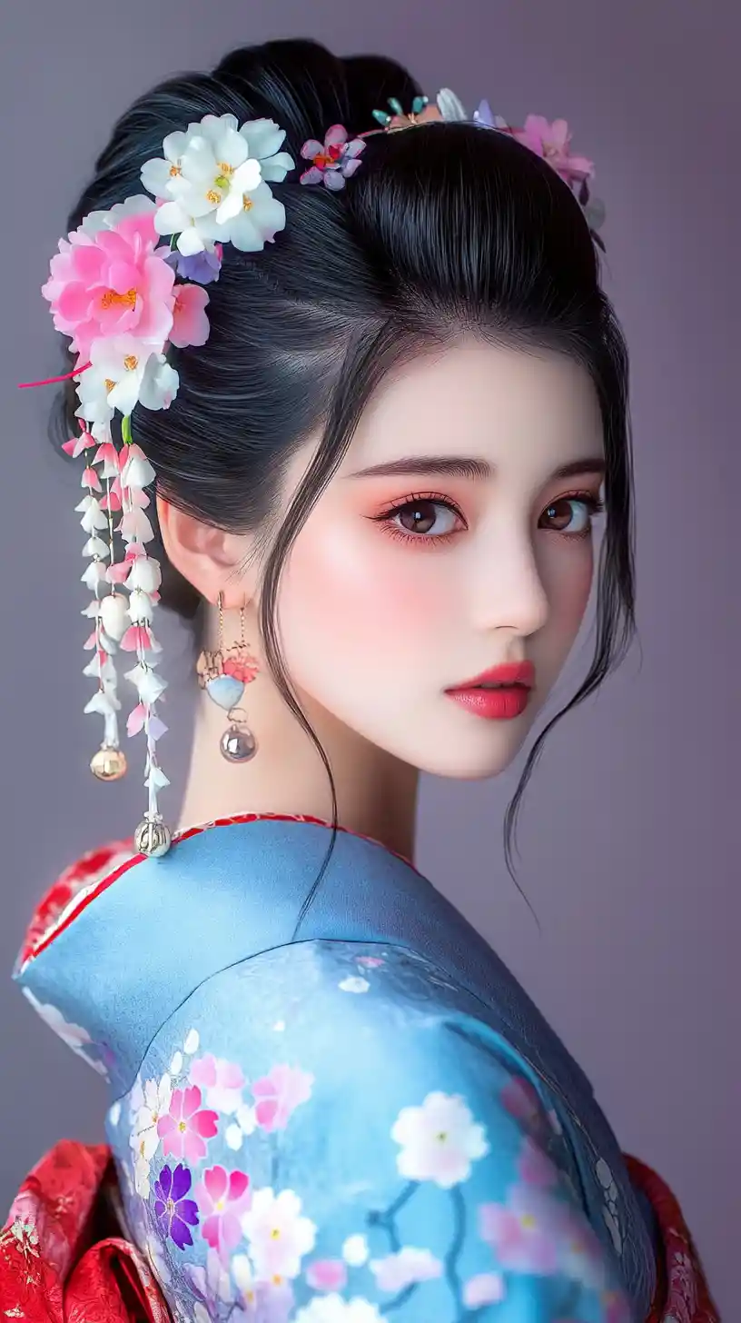 Elegant anime girl in blue kimono with floral hair ornaments