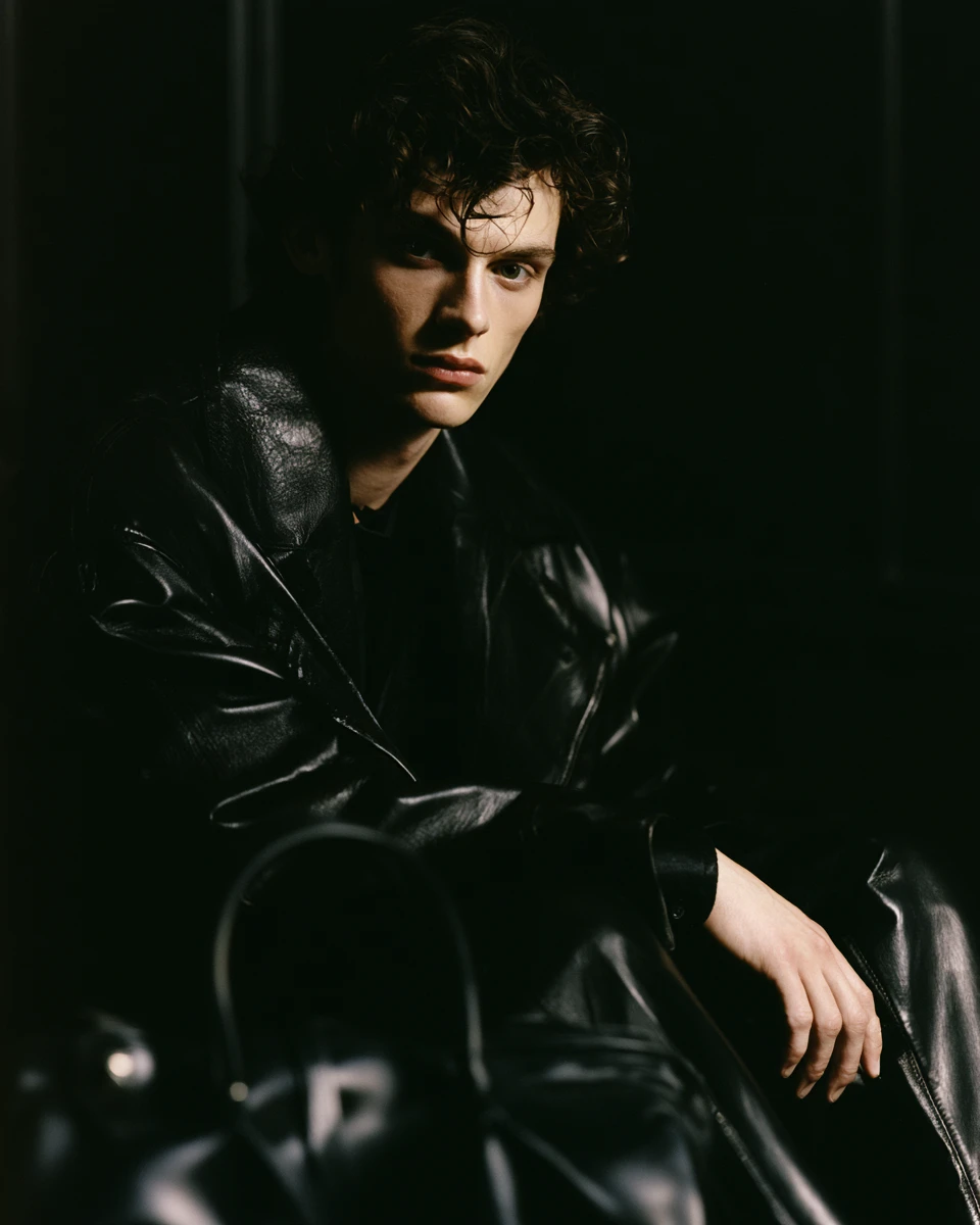 Confident fashion man seated with black leather outerwear