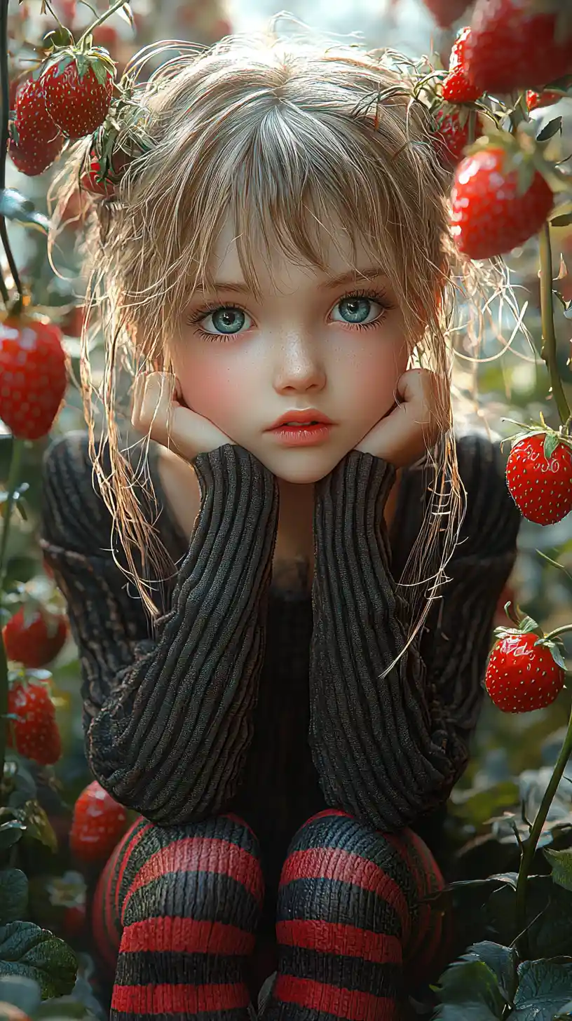 Dreamy girl among strawberries under a clear blue sky