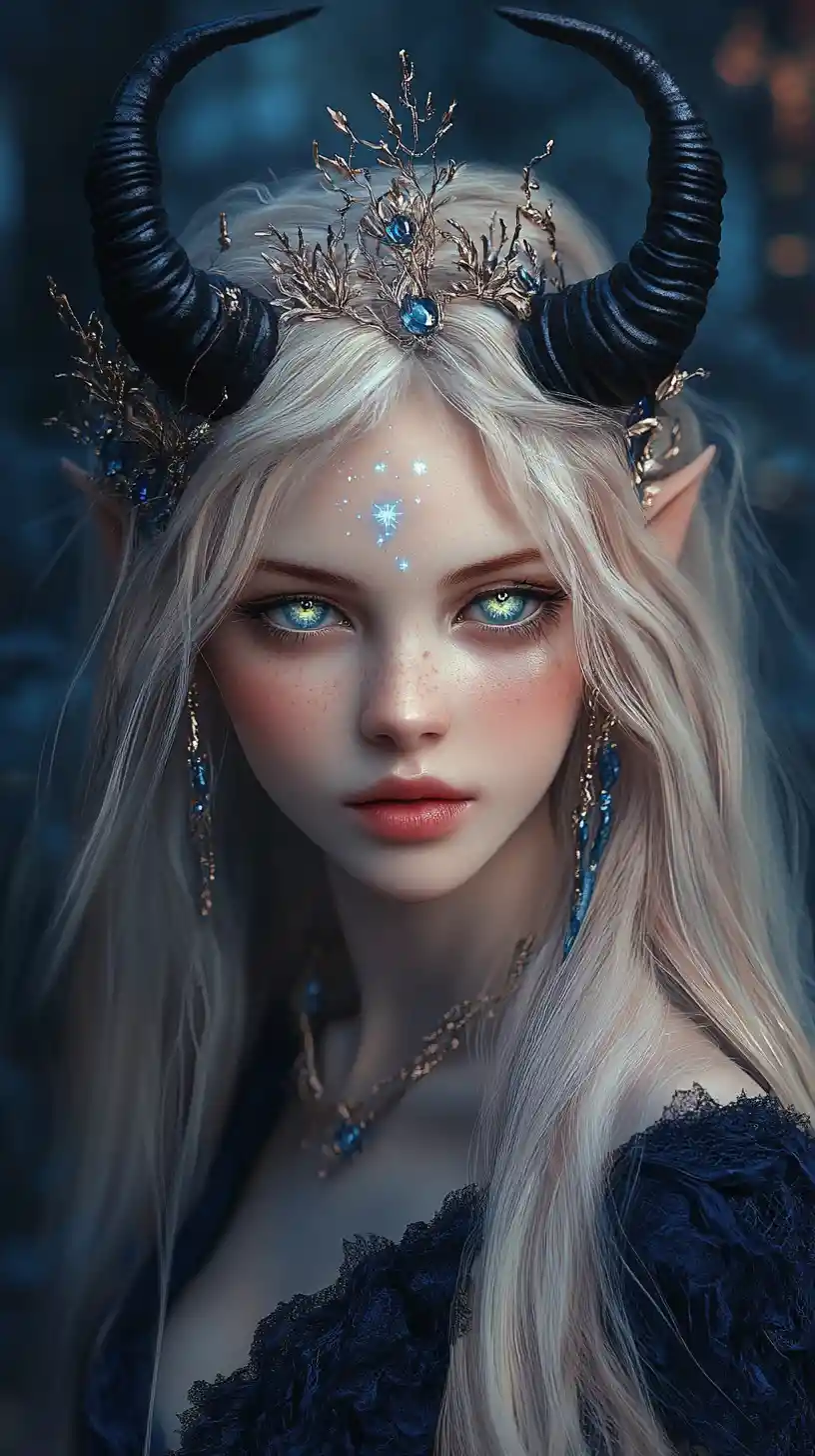 Demonic horned girl in a midnight blue enchanted forest