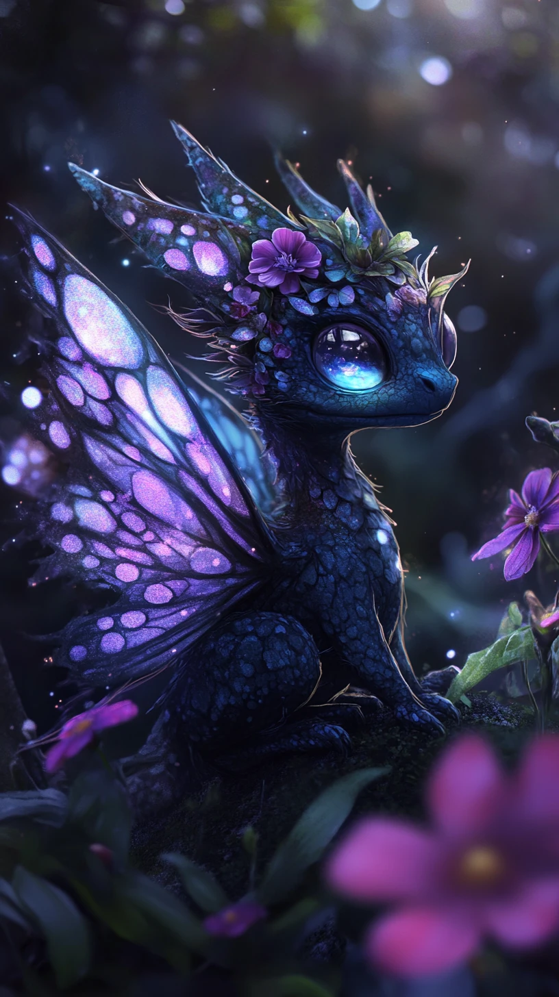 Tiny dragon with moth wings in glowing night forest